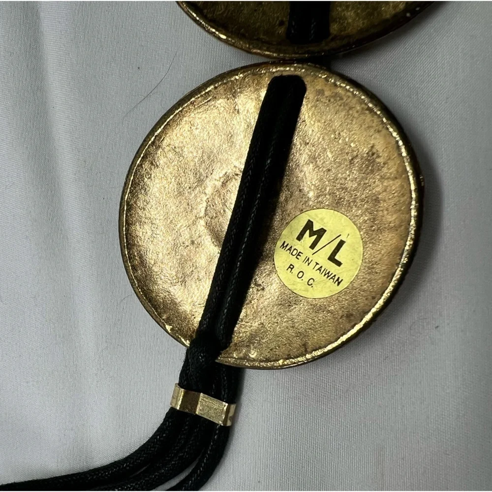 Vtg Medallion Belt Gold Metal Textured Circles Black Accents Black Cording